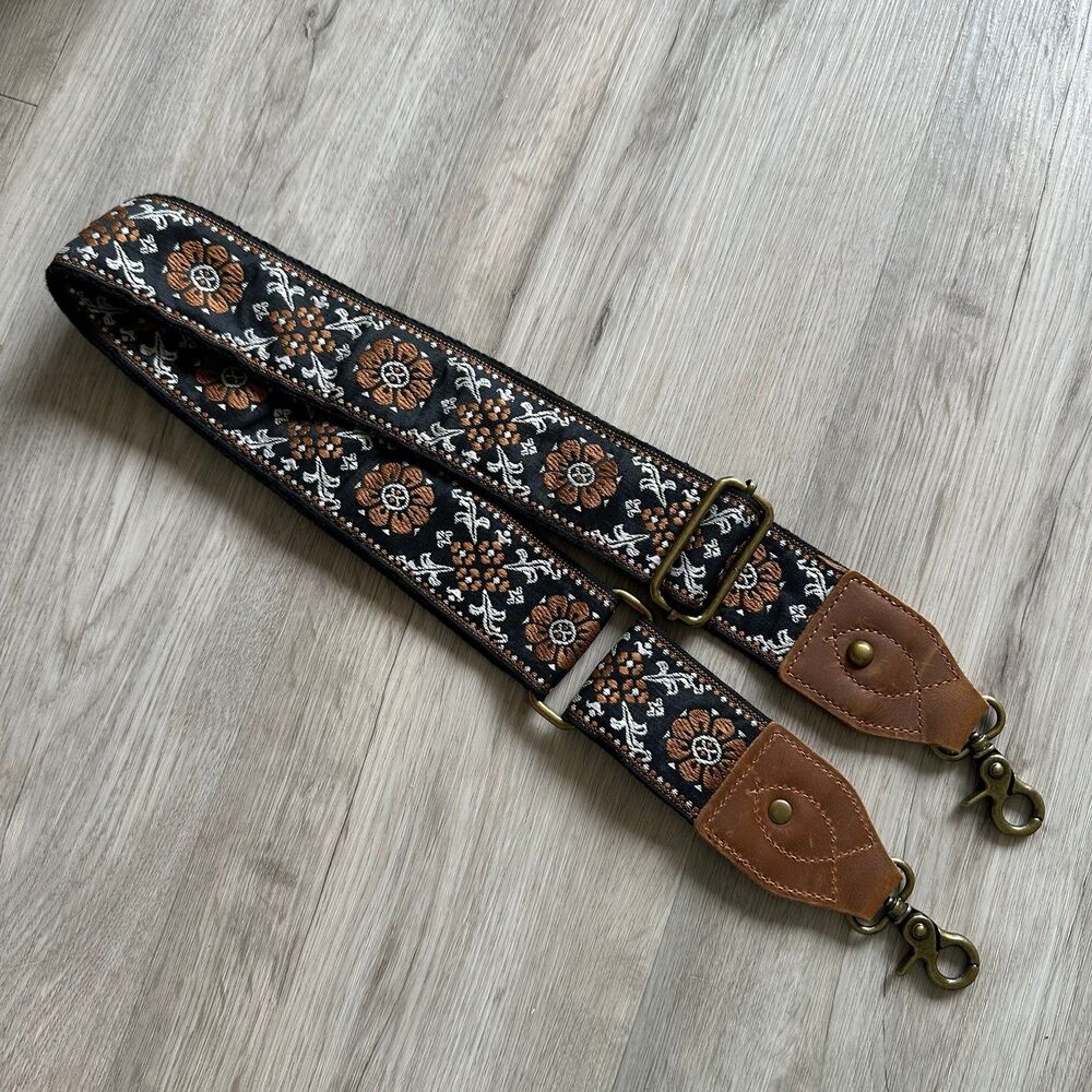 Detachable Crossbody Bag Guitar Strap with Black Brown Print Antique Brass